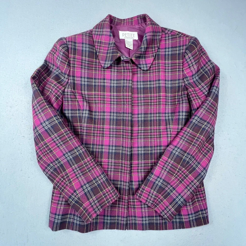 Academia Blazer Women 10 Pink Plaid Button Career Preppy Petite Sophisticate